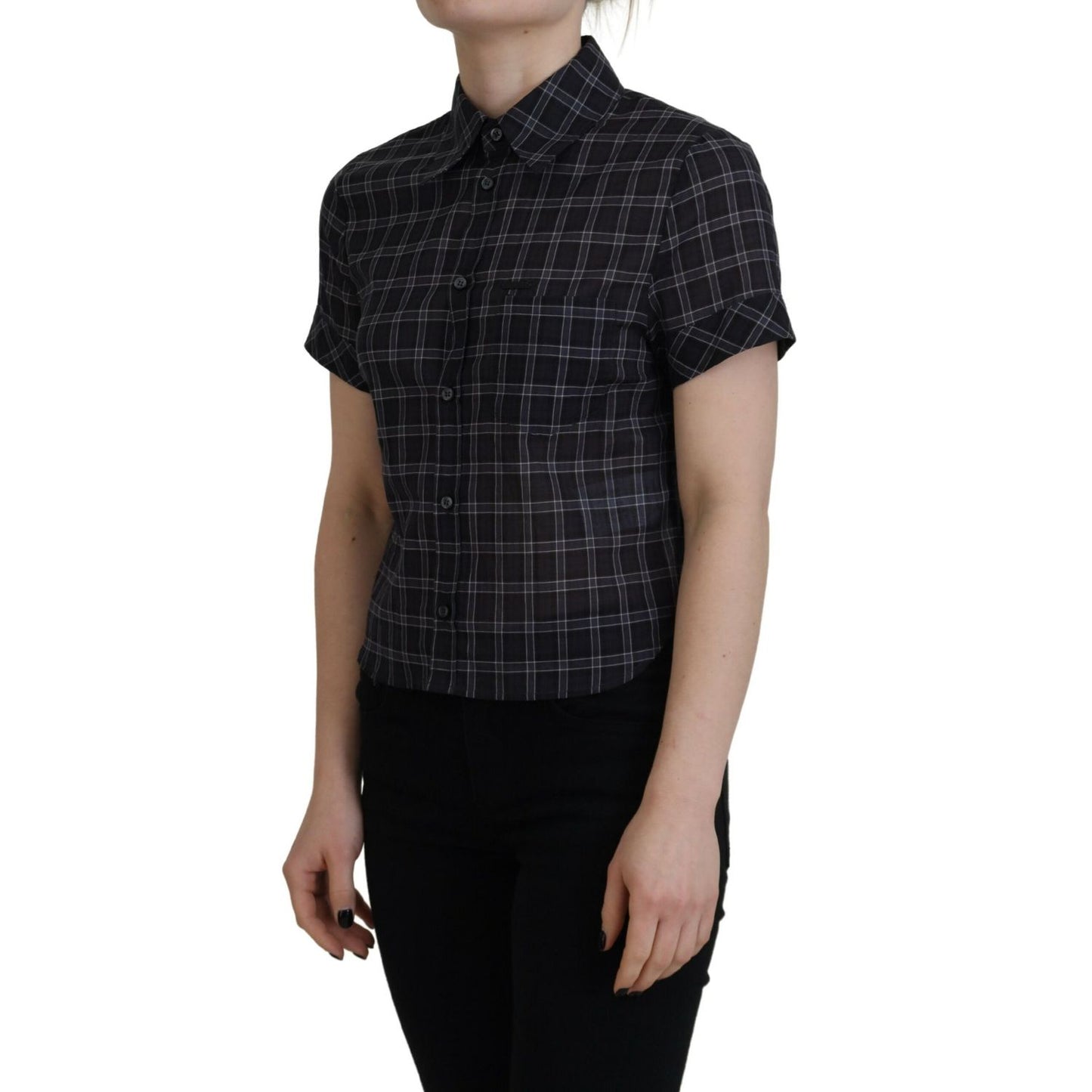 Dsquared² Black Checkered Collared Button Short Sleeves Top