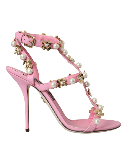 Dolce & Gabbana Pink Leather Embellished Heels Sandals Shoes