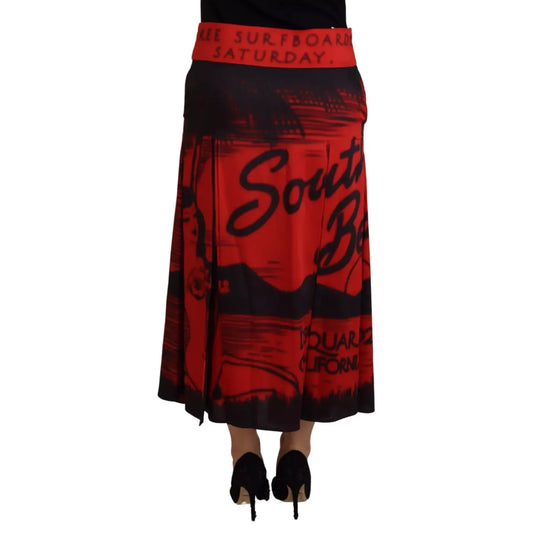 Dsquared² Red Printed High Waist A-line Pleated Midi Skirt