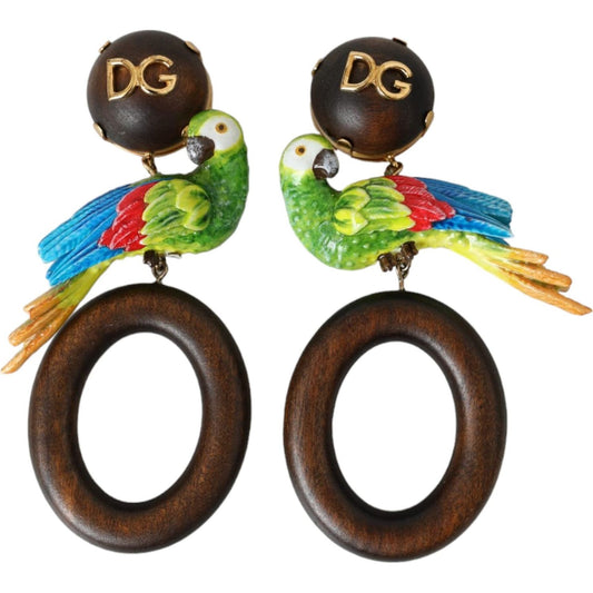 Dolce & Gabbana Multicolor Parrot Wood Brass Crystal Embellished Earring Earrings Dolce & Gabbana