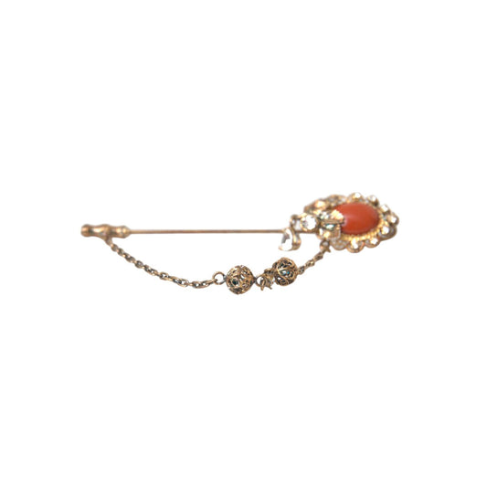 Dolce & Gabbana Gold Brass Crystal Chain 925 Sterling Silver Pin Brooch