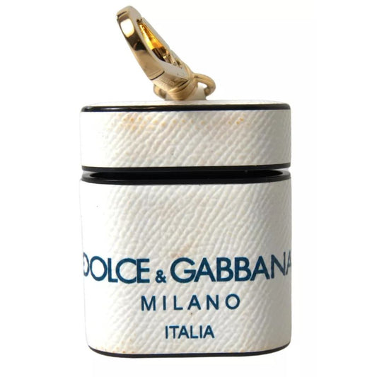 Dolce & Gabbana White Blue Calf Leather Logo Print Strap Airpods Case