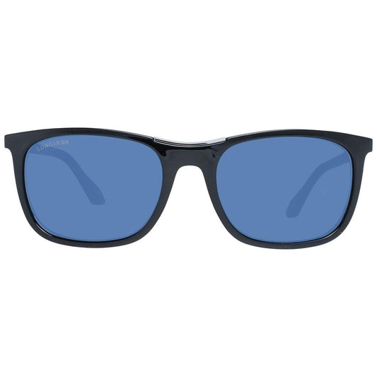 Longines men's black sunglasses with blue lenses, rectangle style, 100% UVA & UVB protection, full-rim plastic frame.