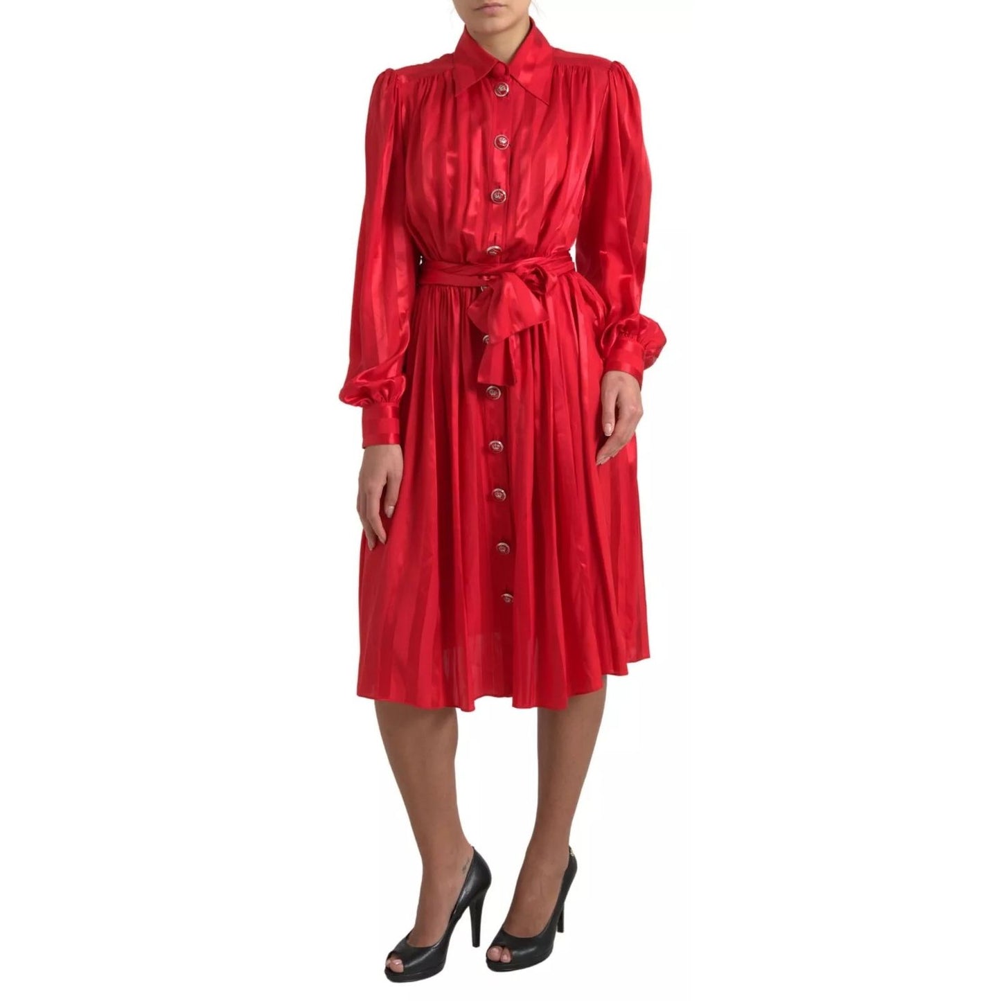 Dolce & Gabbana Red Button Down Belted Midi Satin Silk Dress Dolce & Gabbana