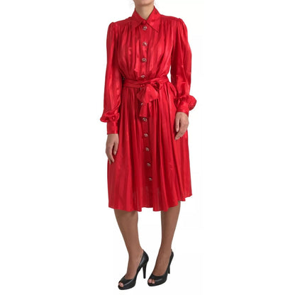 Dolce & Gabbana Red Button Down Belted Midi Satin Silk Dress Dolce & Gabbana