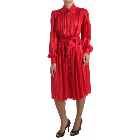 Dolce & Gabbana Red Button Down Belted Midi Satin Silk Dress Dolce & Gabbana