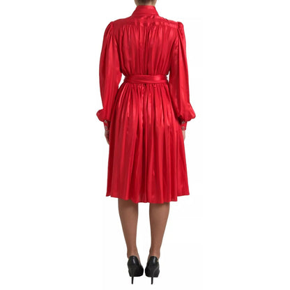 Dolce & Gabbana Red Button Down Belted Midi Satin Silk Dress Dolce & Gabbana