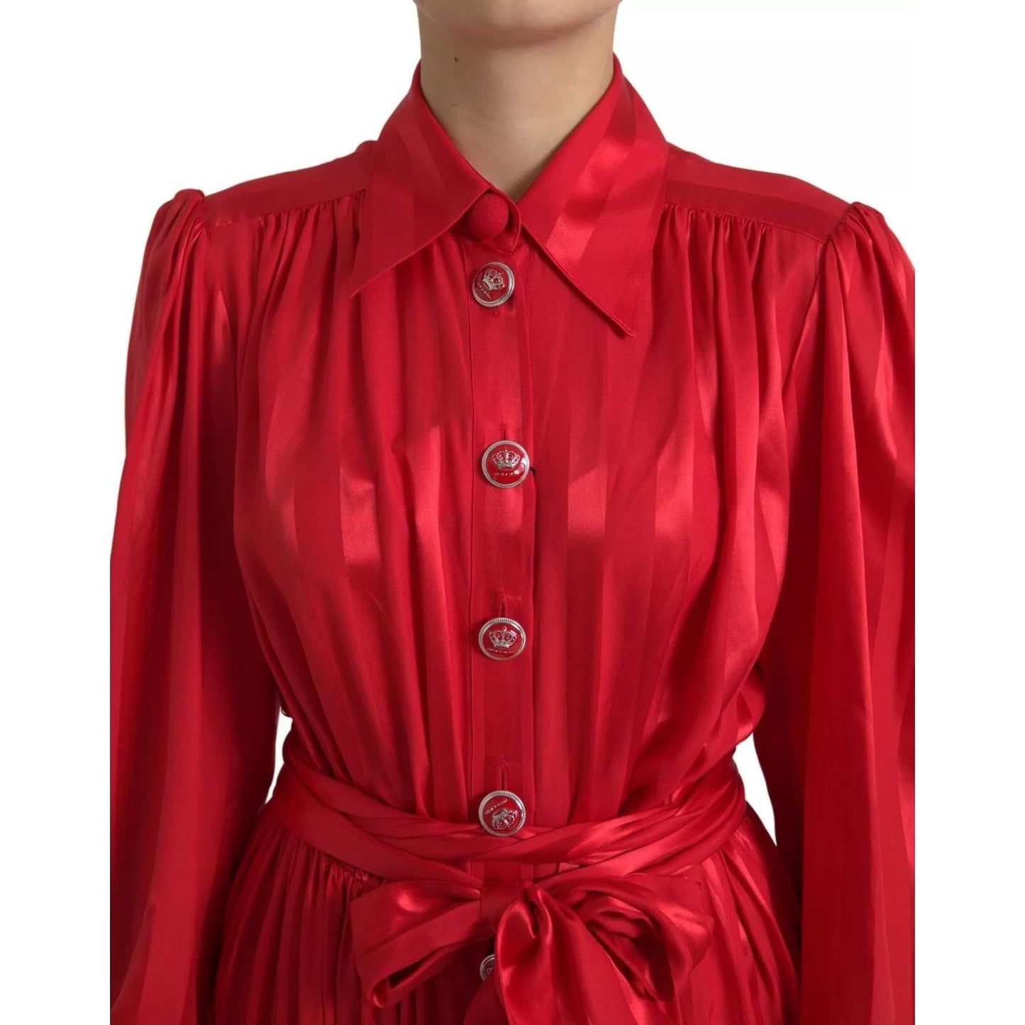 Dolce & Gabbana Red Button Down Belted Midi Satin Silk Dress Dolce & Gabbana