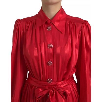 Dolce & Gabbana Red Button Down Belted Midi Satin Silk Dress Dolce & Gabbana