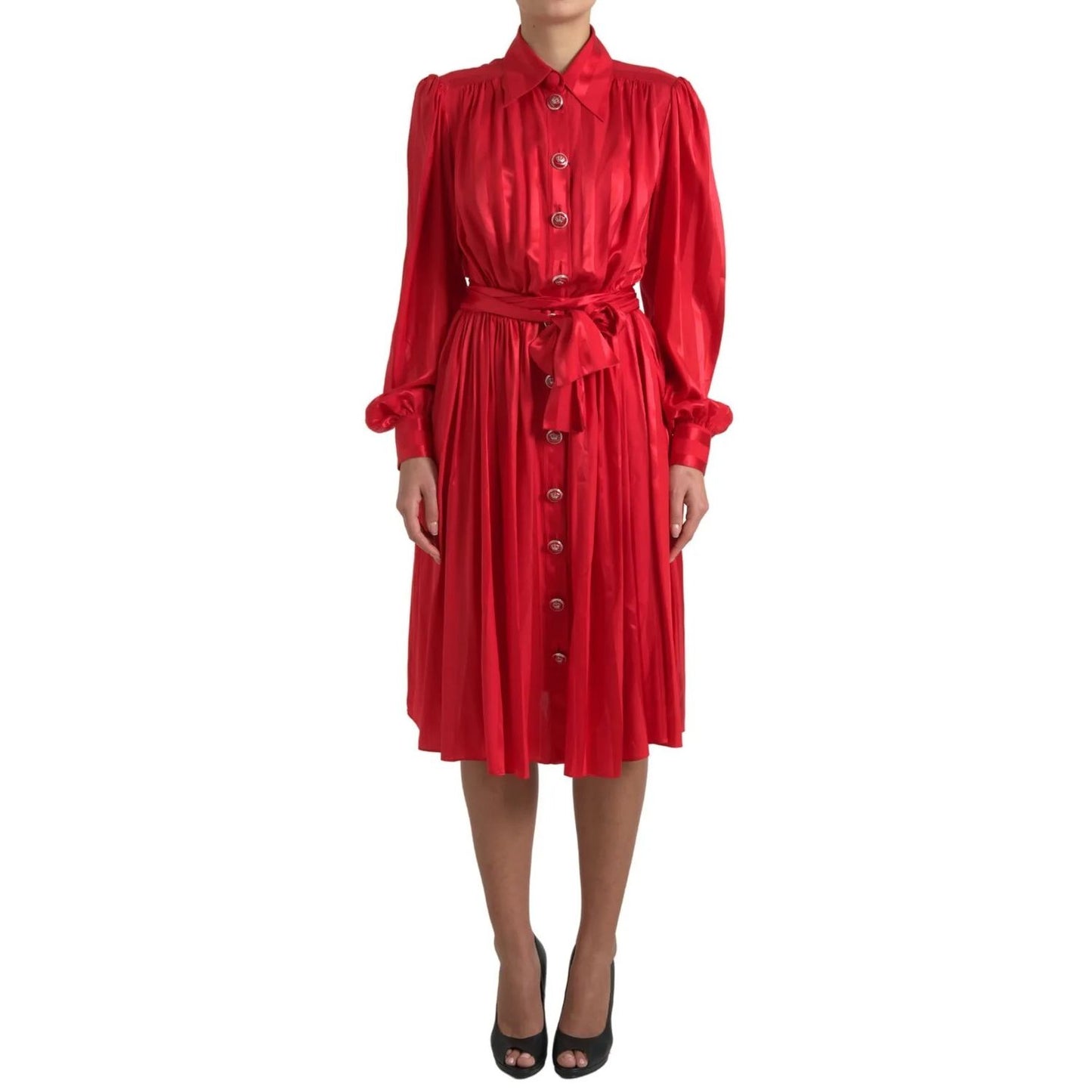 Dolce & Gabbana Red Button Down Belted Midi Satin Silk Dress Dolce & Gabbana