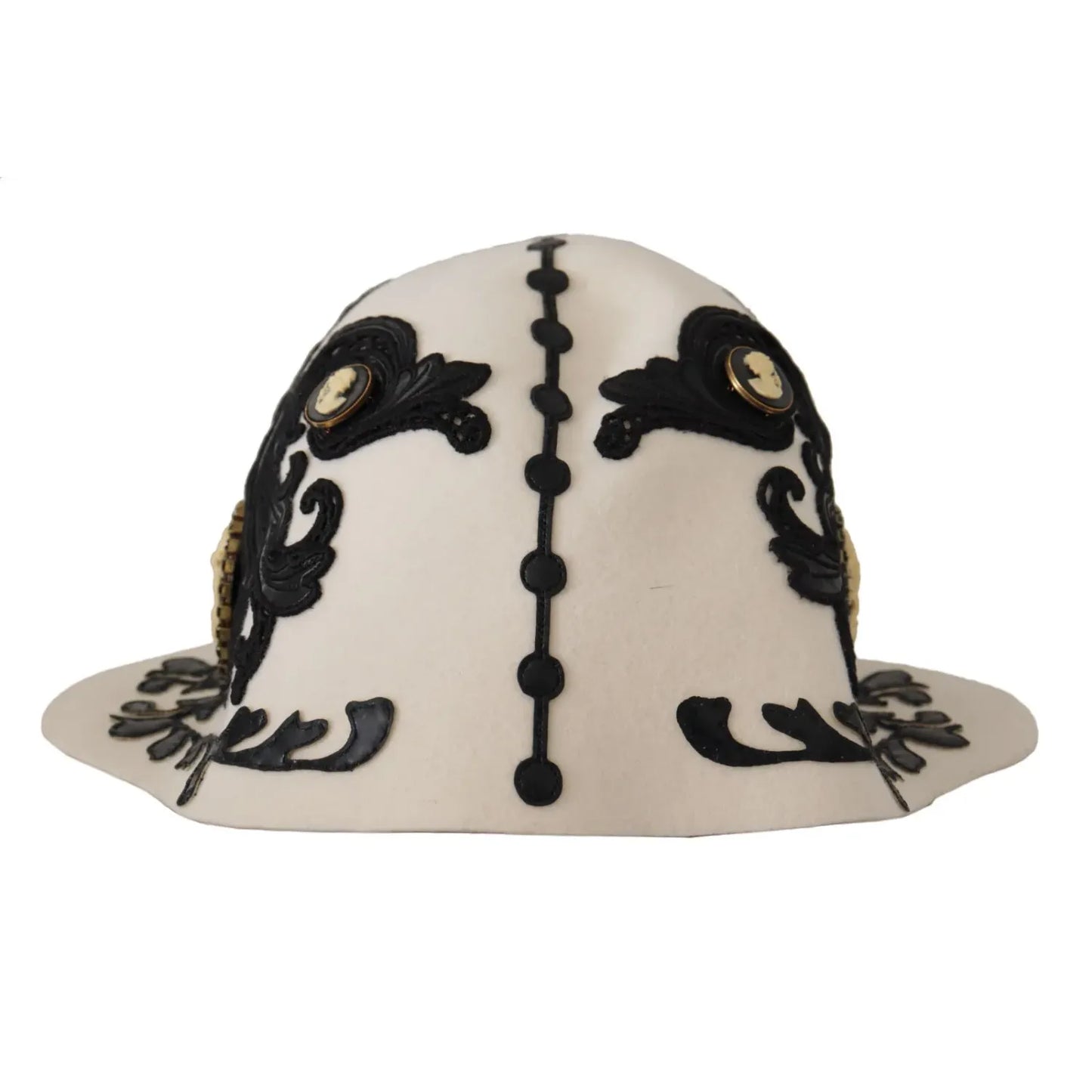 Dolce & Gabbana White Black Wool Embroidered Cameo Brooch Hat