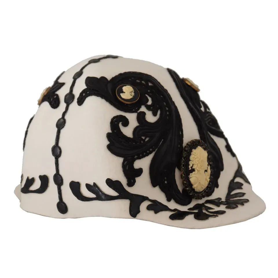 Dolce & Gabbana White Black Wool Embroidered Cameo Brooch Hat