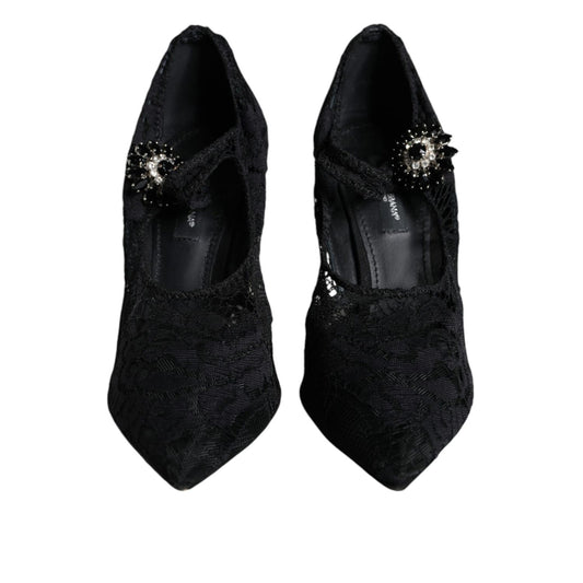 Dolce & Gabbana Black Mary Jane Pumps Lace Crystals Heels Shoes