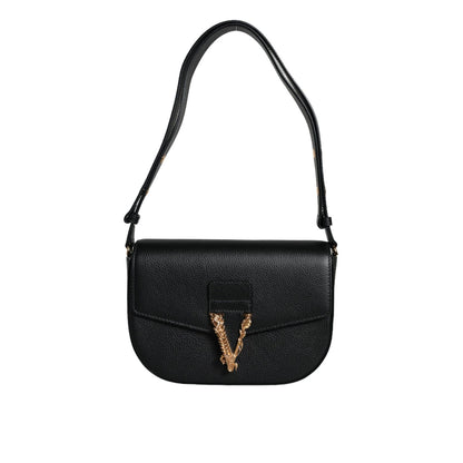 Versace Black Grainy Calf Leather Logo Crossbody Shoulder Bag