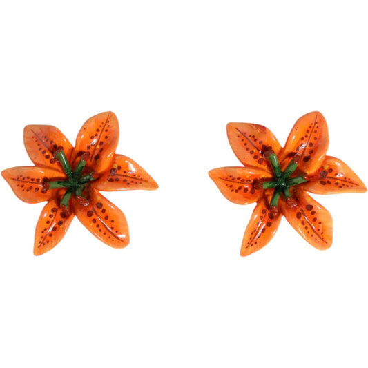 Dolce & Gabbana Orange Green Gold Brass Lily Flower Clip Floral Earrings Earrings Dolce & Gabbana