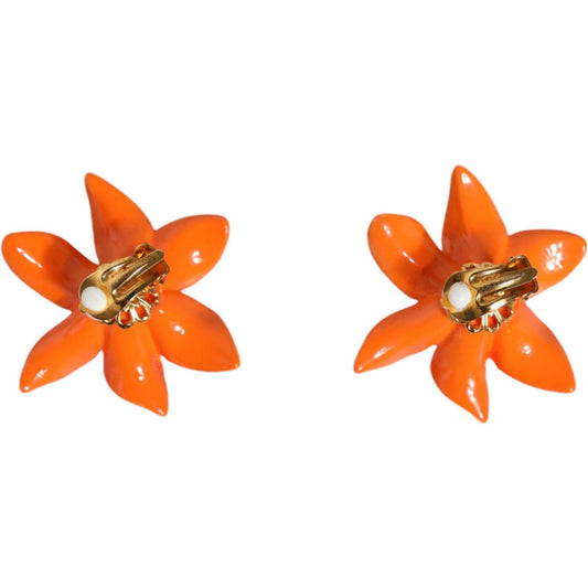 Dolce & Gabbana Orange Green Gold Brass Lily Flower Clip Floral Earrings Earrings Dolce & Gabbana