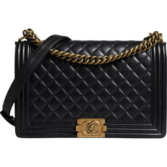 Chanel Black Large Lambskin Double Chain Gold Leather Shoulder Bag Chanel