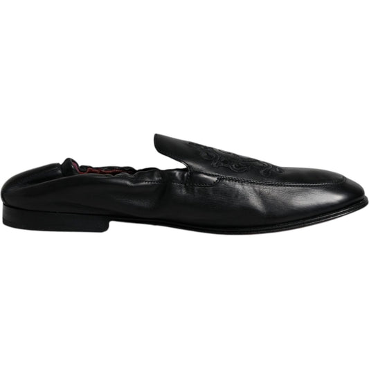 Dolce & Gabbana Black Logo Embroidered Leather Loafer Men Dress Shoes Dolce & Gabbana