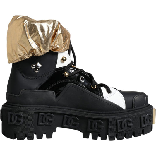 Dolce & Gabbana Black Gold Leather Trekking Ankle Boots Shoes Dolce & Gabbana