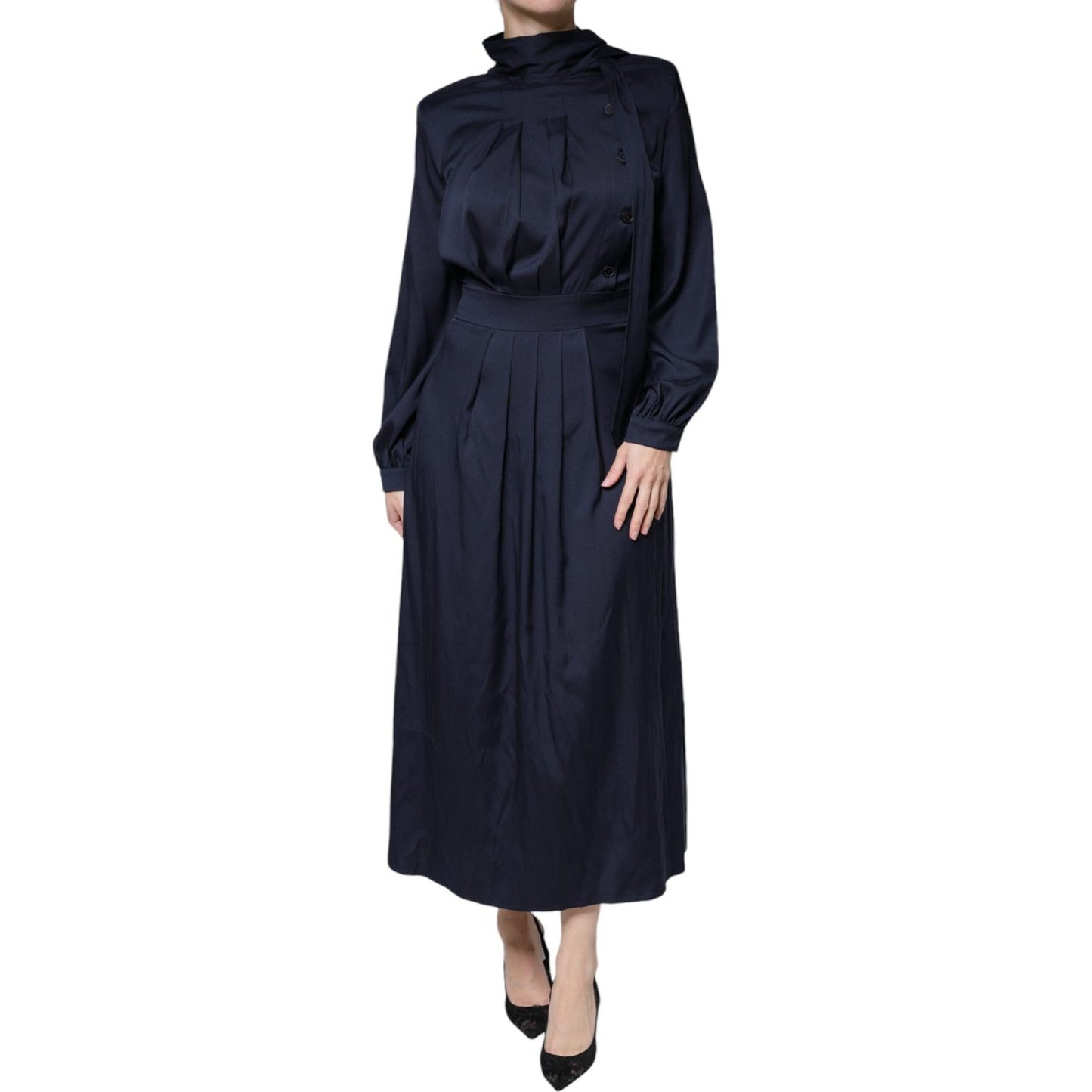 Ballantyne Dark Blue Long Sleeves Pleated A-line Maxi Dress Ballantyne