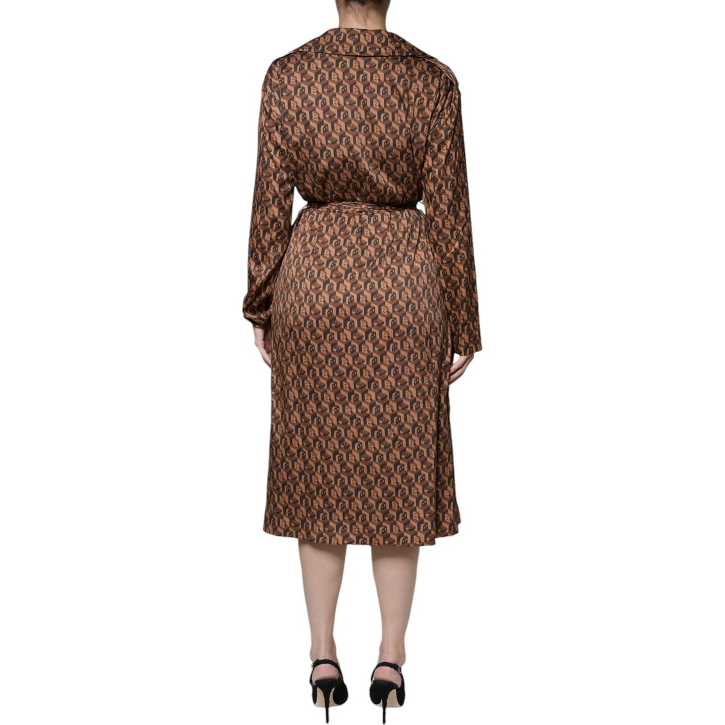 Ballantyne Brown Printed Long Sleeves V-neck Wrap Midi Dress Ballantyne