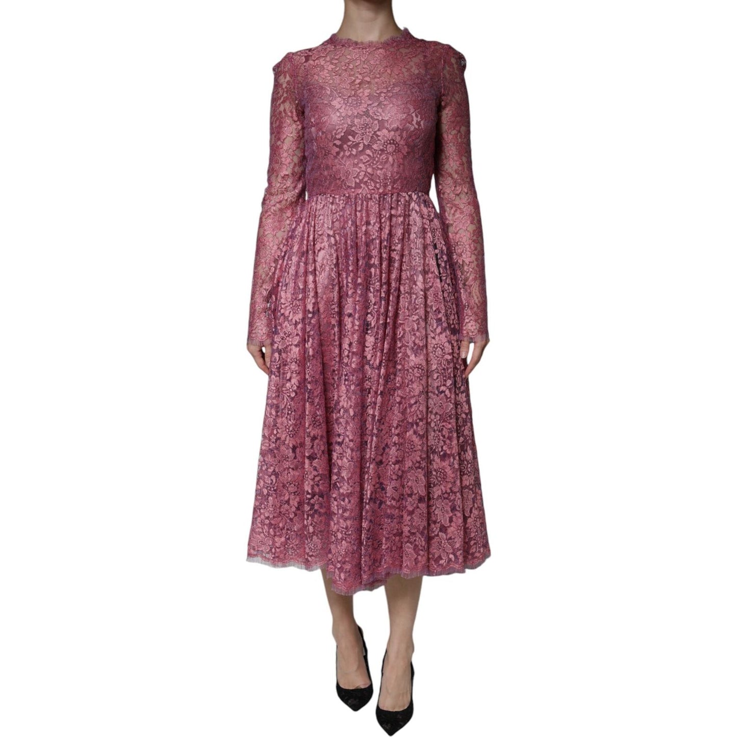 Dolce & Gabbana Fuchsia Floral Lace Long Sleeve Maxi Dress Dolce & Gabbana