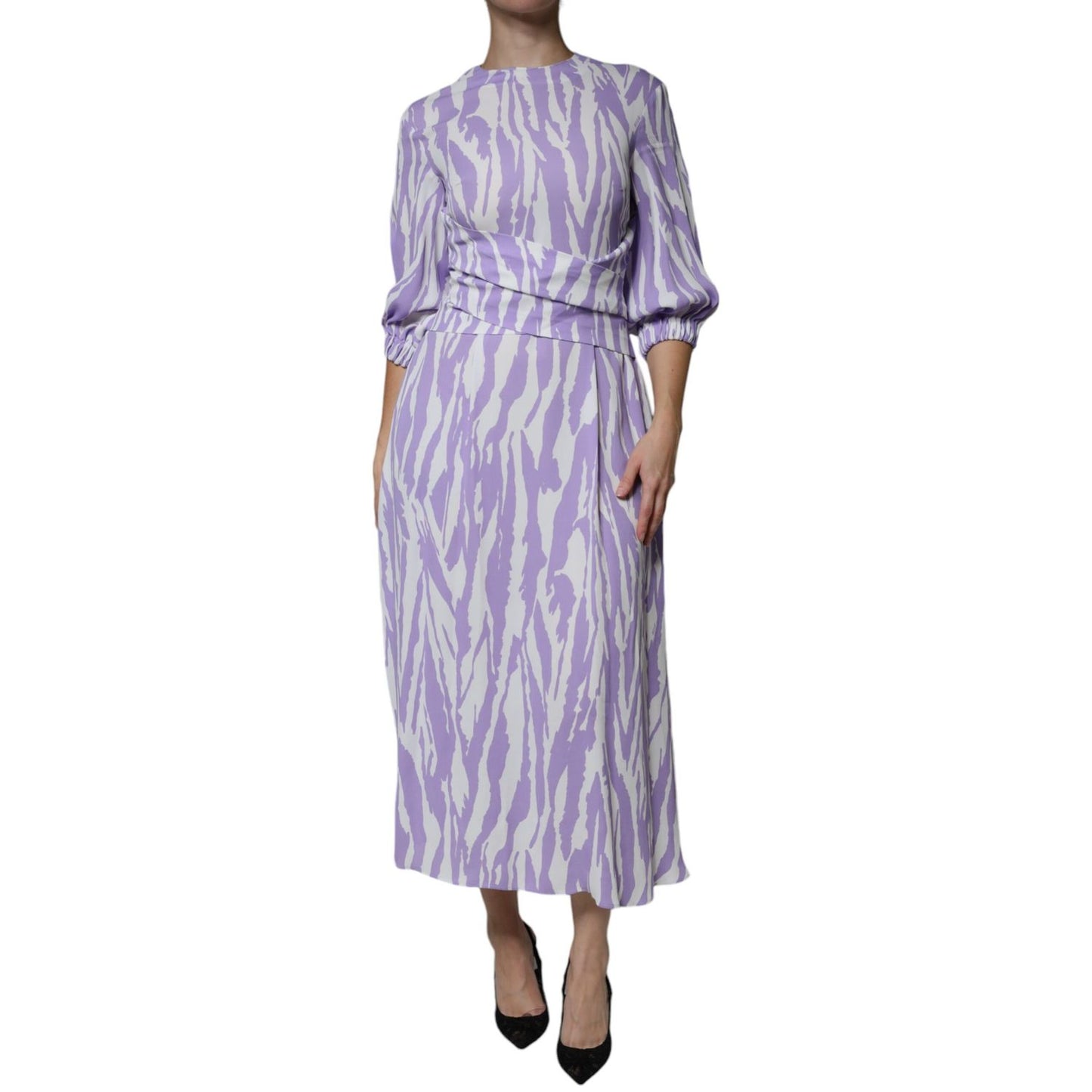MSGM White Purple Patterned Viscose Short Sleeves Maxi Dress MSGM