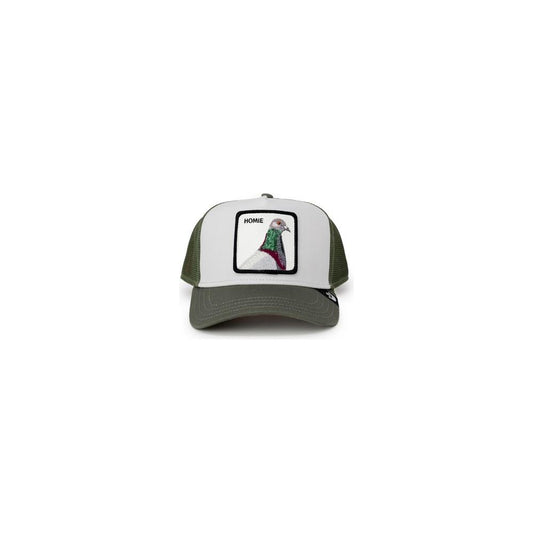 Goorin Bros green cotton visor hat with pigeon design, men's spring/summer collection, made from 43% cotton and 57% polyester.