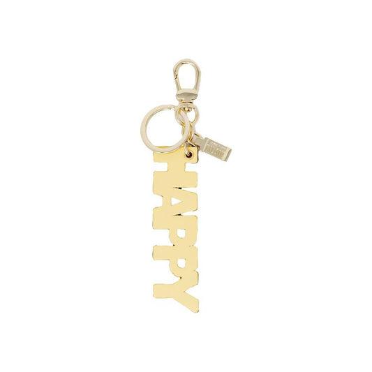 Gold keychain with 'HAPPY' text design, part of Alviero Martini Prima Classe collection, made of 100% polyester for women.
