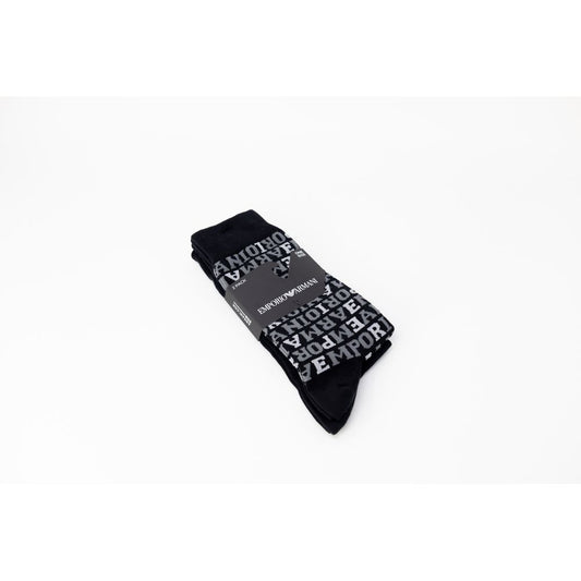Emporio Armani men's black cotton socks with brand logo, made from a blend of cotton, polyamide, and elastane for comfort and style.
