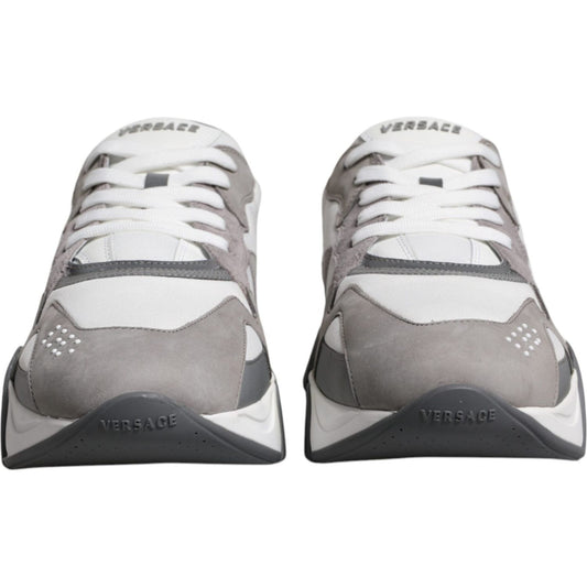 Versace grey leather Neoprene Squalo sneakers with rubber sole, lace-up closure, and logo details, made in Italy, front view.