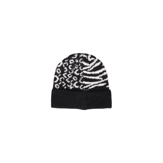 Black acrylic hat with animal print design, combining leopard and zebra patterns. Stylish winter accessory for warmth and fashion.