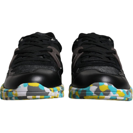 Dolce & Gabbana black polyester low top sneakers with colorful sole, lace-up closure, logo details, exclusive craftsmanship, made in Italy