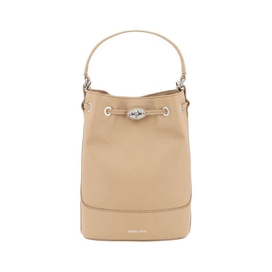 Zanellato Monda Bucket Bag in beige grained leather with drawstring closure, top handle, and iconic monogram on front.