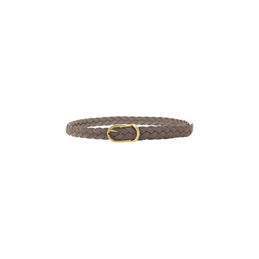 Brunello Cucinelli braided leather belt with gold buckle, elegant woven suede design.