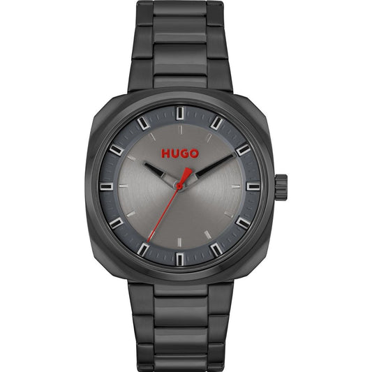Hugo Boss gray stainless steel quartz watch with analog display, mineral glass, 42mm dial, butterfly closure, water-resistant to 5ATM.