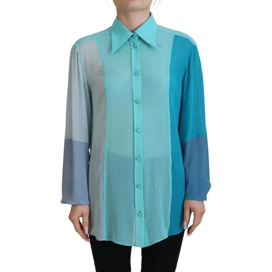 Dolce & Gabbana Blue Collar Long Sleeve Blouse Silk Top Dolce & Gabbana