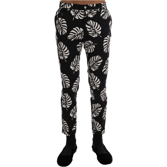Dolce & Gabbana White Black Leaf Cotton Stretch Slim Pants