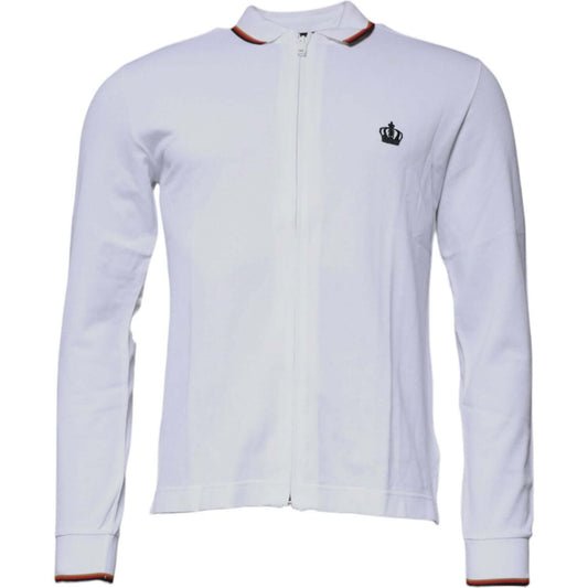 Dolce & Gabbana white full zip men's sweatshirt with crown logo, 95% cotton, 5% silk. Italian made, luxury and comfortable fit.