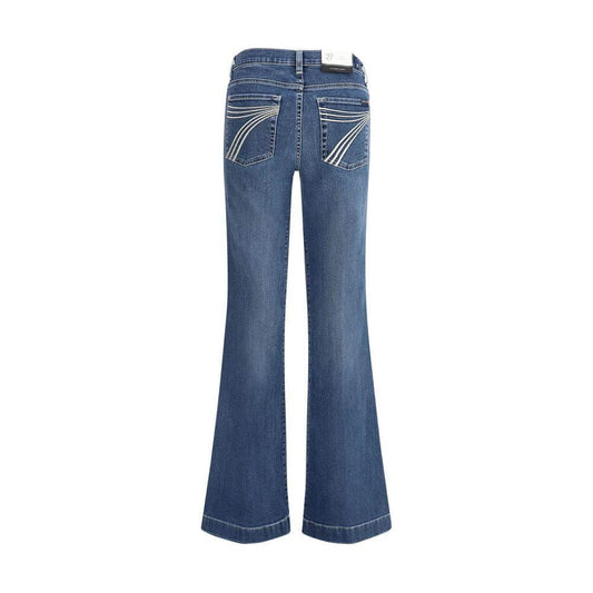 Back view of 7FOR Flare Jeans with distinctive stitching, showcasing classic five-pocket design and flared silhouette in blue denim.