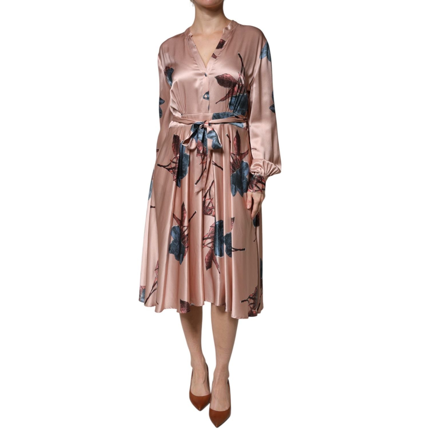 L'Autre Chose Pink Satin Floral Long Sleeves A-line Midi Dress