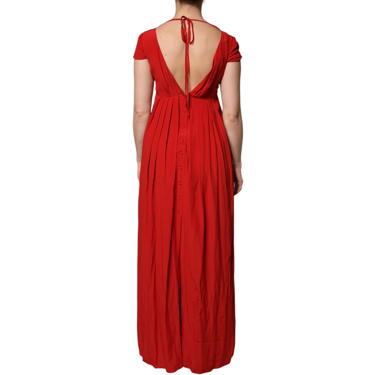 Dondup Red Acetate Short Sleeves Plunging Neckline Maxi Dress