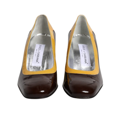 Dolce & Gabbana Yellow Brown Leather Block Heel Pumps Shoes