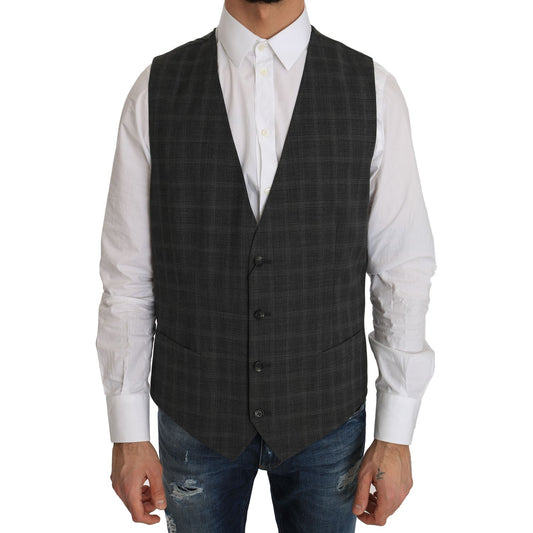 Dolce & Gabbana Gray Wool STAFF Checkered Stretch Vest