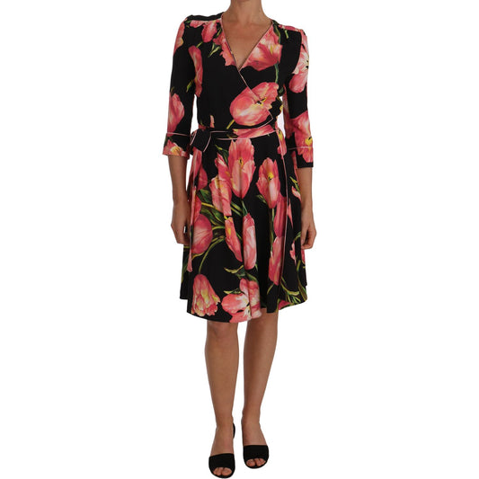 Dolce & Gabbana Elegant Black Shift Dress with Pink Tulips Print Dolce & Gabbana