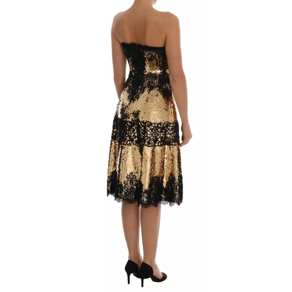 Dolce & Gabbana Gold Strapless Sequin Embellished Lace Dress