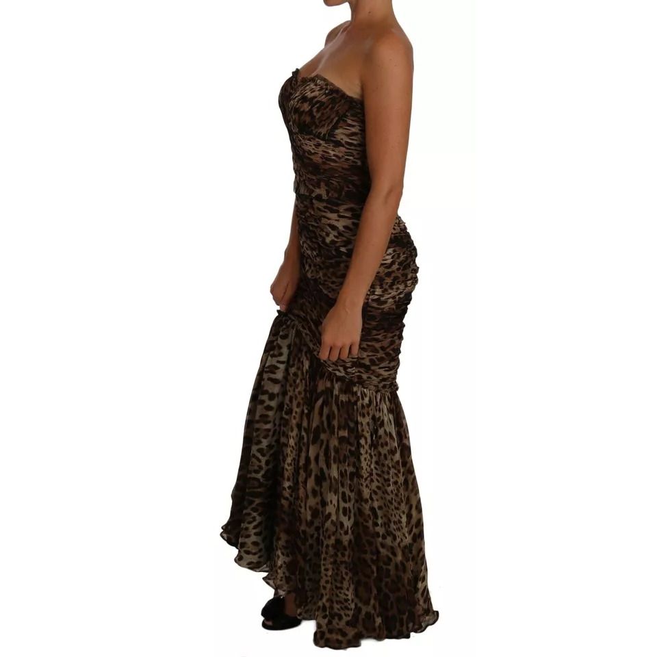 Dolce & Gabbana Brown Leopard Silk Chiffon Ruched Mermaid Maxi Dress