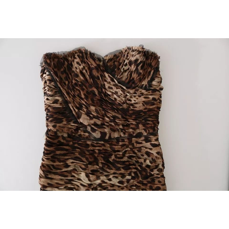 Dolce & Gabbana Brown Leopard Silk Chiffon Ruched Mermaid Maxi Dress