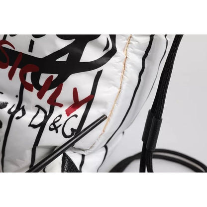 Dolce & Gabbana Black White Striped Polyester Drawstring Backpack Bag