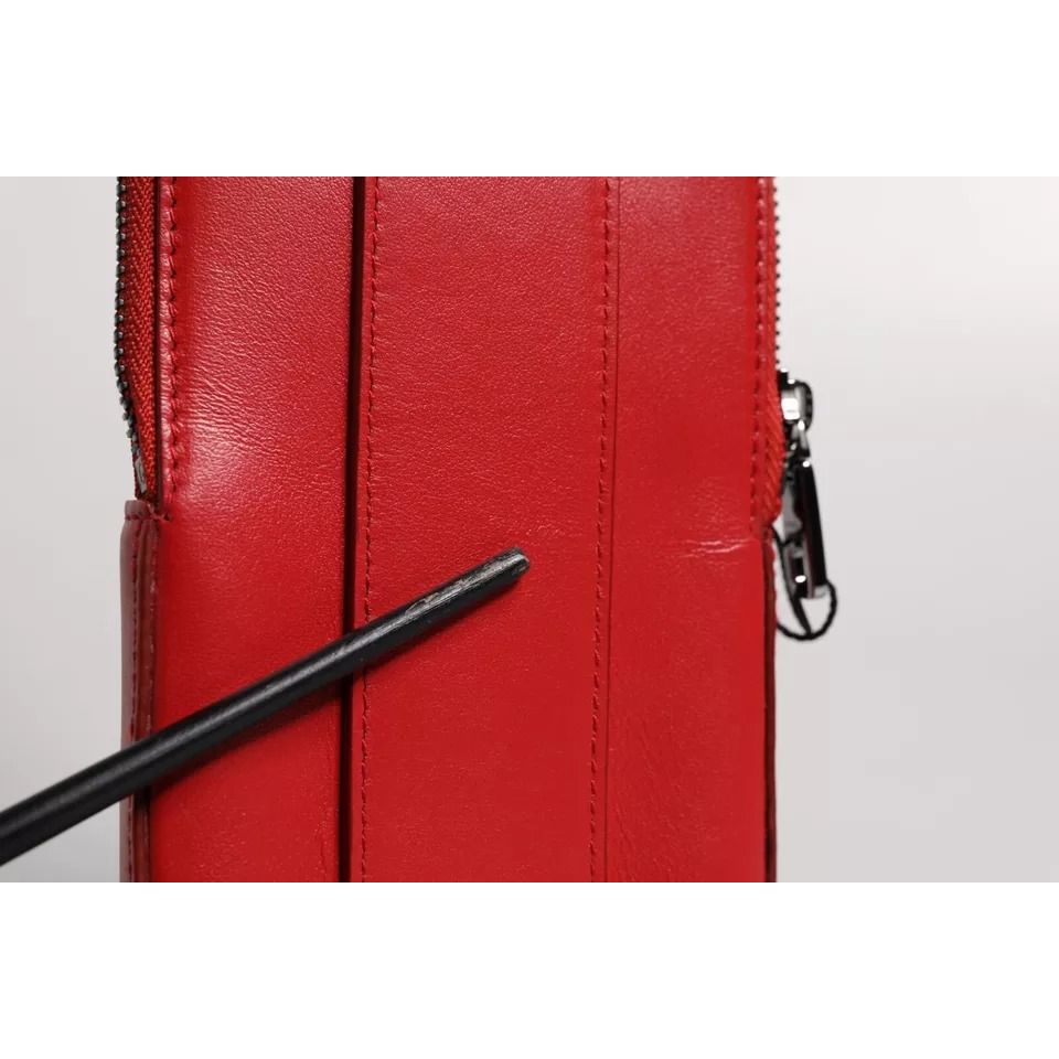 Dolce & Gabbana Red Leather Logo Zip Around Card Holder Wide Strap Wallet Dolce & Gabbana
